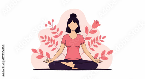 Woman meditating in lotus pose surrounded by plants.