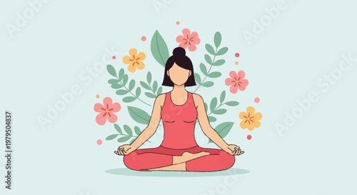 Woman meditating in lotus pose surrounded by flowers and leaves.