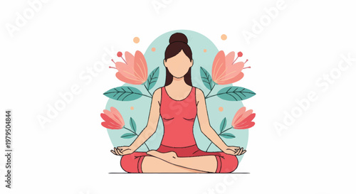 Woman meditating in lotus position surrounded by flowers and leaves.