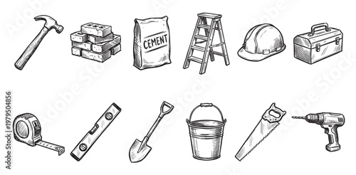 A hand-drawn collection of essential construction tools, including a hammer, bricks, cement bag, ladder, hard hat, toolbox, tape measure, level, shovel, bucket, saw, and drill.