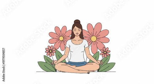 Woman Meditating peacefully surrounded by flowers and leaves.