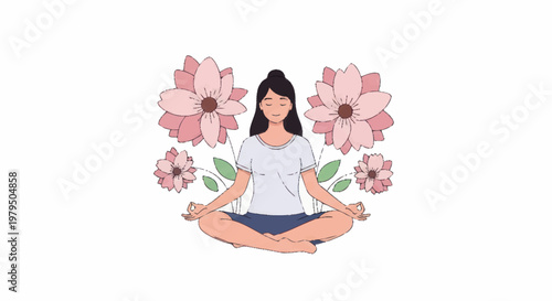 Woman meditating peacefully surrounded by beautiful flowers and leaves.