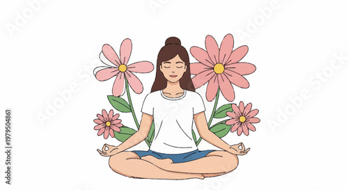 Woman meditating peacefully surrounded by blooming flowers.