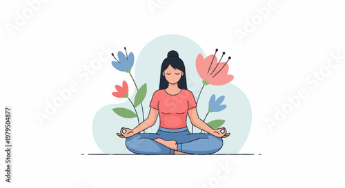 Woman meditating peacefully in lotus pose surrounded by flowers.