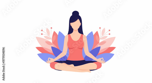 Woman meditating in lotus pose surrounded by stylized flowers.