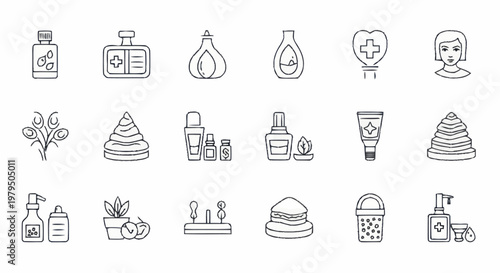 Collection of beauty and cosmetic product line art icons.