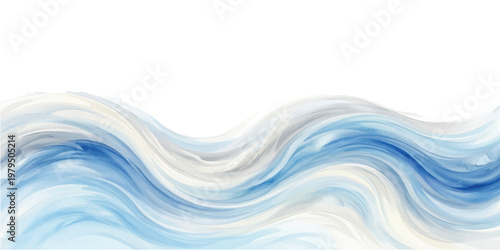 Abstract horizontal wave pattern with flowing layers of blue and white paint strokes creating a soft liquid motion effect against a plain white background