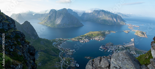 Reine from Reinebringen,view on stunning mountains of Lofoten islands, Norway