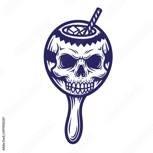 Dark blue of a human skull shaped like a lollipop, featuring a hollowed cranium filled with ice cubes and a striped drinking straw, isolated on a white background