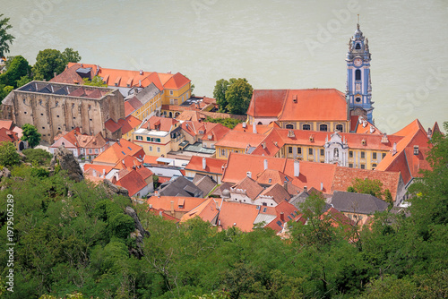 Durnstein old town with the famous blue church tower on Danube River in Wachau region in Lower Austria, Austria