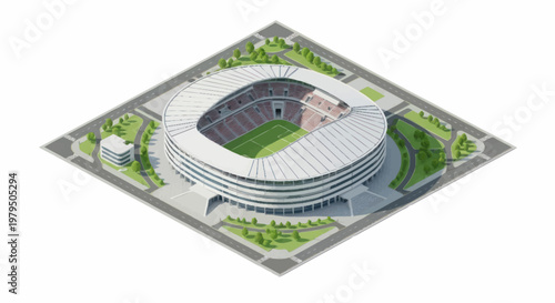 Modern Football Stadium Aerial View with Green Field.