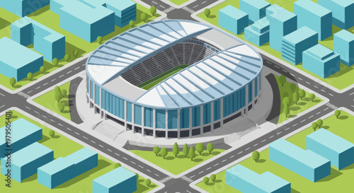 Modern Stadium Building in a Cityscape Isometric View.