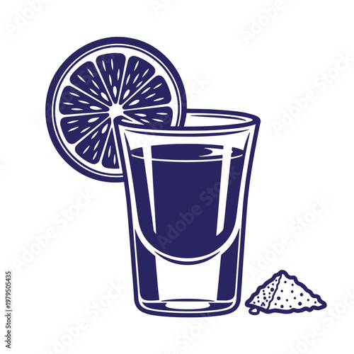 Dark blue of a tequila shot glass filled with liquid, garnished with a citrus fruit slice, and accompanied by a small pile of salt on a white background