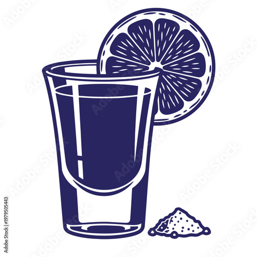 Dark blue of a tequila shot glass with a citrus fruit slice garnish and a small pile of salt on a white background