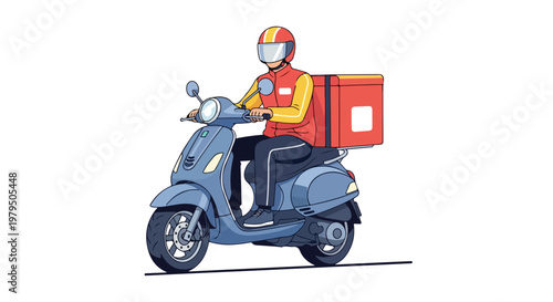 Delivery courier riding blue motor scooter, food delivery man with thermal backpack, fast shipping service vector illustration on white background