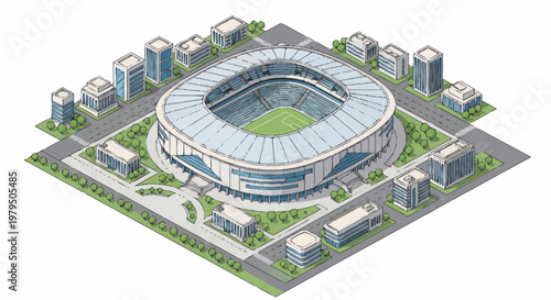 Modern Sports Stadium Complex with Surrounding Buildings.