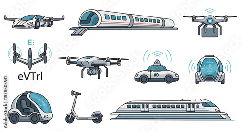 Futuristic Transportation Collection with Drones and Electric Vehicles.