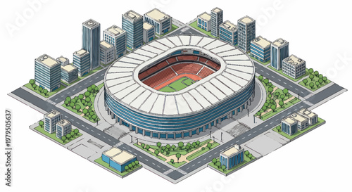 Modern Stadium Surrounded by City Buildings and Roads.