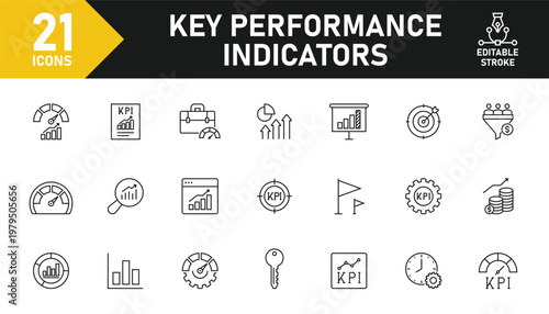 Key Performance Indicator line icon set. Set of 21 outline icons related to KPI, performance, measurement, effectiveness, strategy, analysis, metrics and others. Editable stroke. Vector illustration.