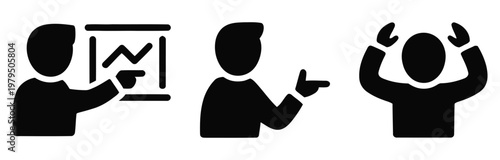 Three business professionals presenting ideas with success and teamwork icons