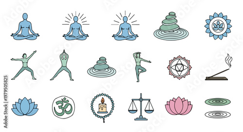 Yoga and meditation icon set, 15 spiritual wellness vector elements, zen lifestyle symbols for mindfulness and mental health apps