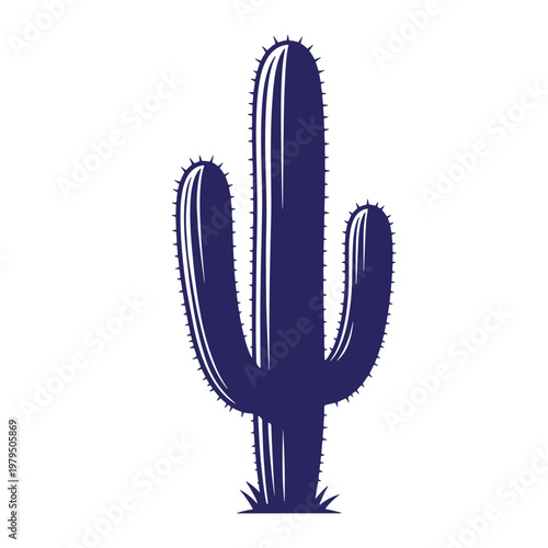 Dark blue silhouette of a saguaro cactus with vertical line shading and sharp spikes, isolated on a white background