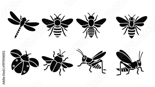 A collection of black silhouette insect icons depicting a dragonfly bees ladybug beetle and grasshoppers high quality professional detailed modern elegant
