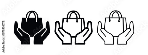 Shopping bag in hands icon set for retail and commerce
