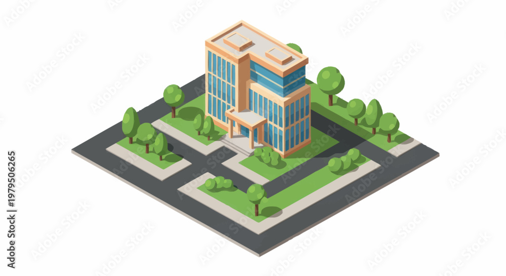 Obraz premium Modern Office Building Isometric View with Greenery.