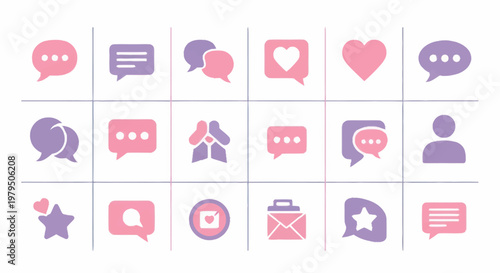 Collection of communication and social media icons in pink and purple.