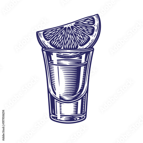 Engraved of a tequila shot glass filled with liquid and garnished with a fresh lime wedge slice, dark blue ink style on a white background