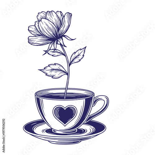 Engraved style of a single blooming rose growing out of a ceramic teacup with a heart symbol on a saucer, dark blue ink lines on a white background