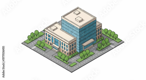 Modern isometric office building with surrounding trees and street.