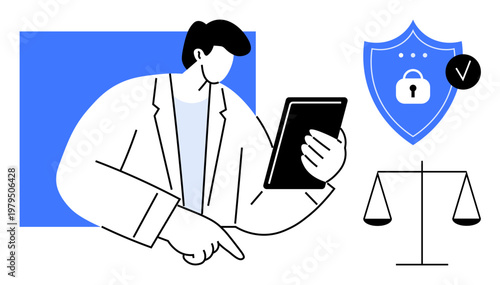 Data security. Illustration digital safety, legal balance, and compliance, emphasizing cybersecurity practices. Data security ensures protection in tech, law, business, and communication fields