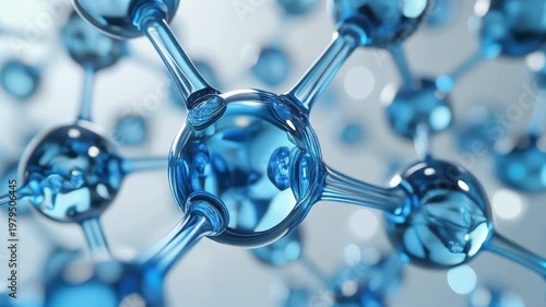 A detailed close-up view of a molecular structure with several blue metallic spheres connected by rods in a scientific setting.