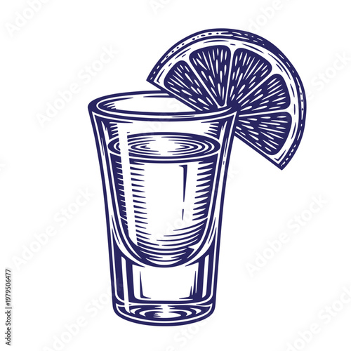 Engraved style of a tequila shot glass filled with liquid, garnished with a slice of orange or lemon on the rim, isolated on a white background