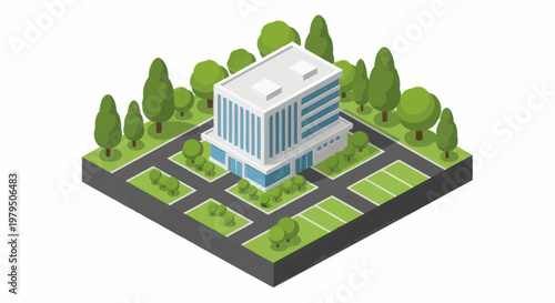 Modern Office Building Isometric View Surrounded by Green Trees and Parking Spaces.