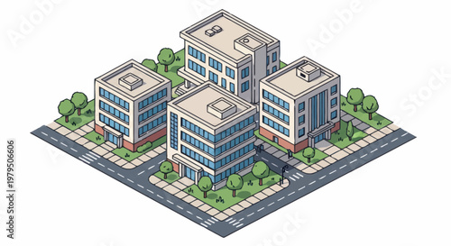 Isometric view of modern office buildings in a city block.