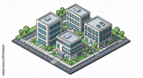 Modern Isometric Office Buildings and Cityscape Illustration.