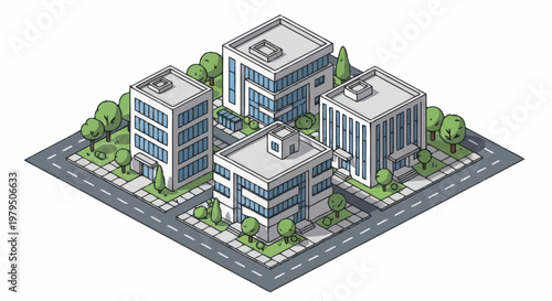 Isometric illustration of modern office buildings and trees.