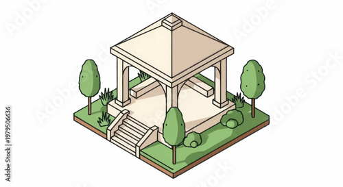 Isometric gazebo structure with trees and grass illustration.