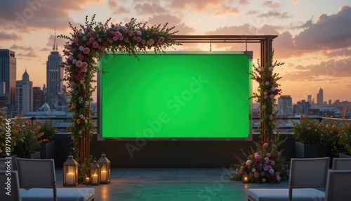Elegant Rooftop Event Setting with Green Screen and Floral Decorations at Sunset Over Cityscape