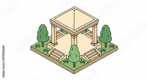 Isometric ancient temple structure with trees and grass.