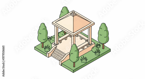 Isometric view of a classical gazebo structure with trees and stairs.