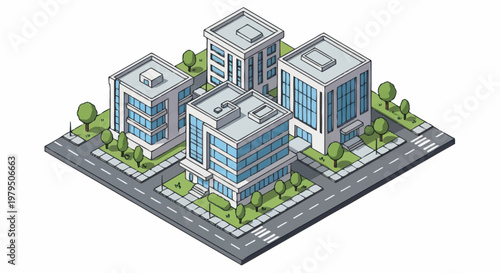 Modern Office Buildings in a City Block Isometric View.