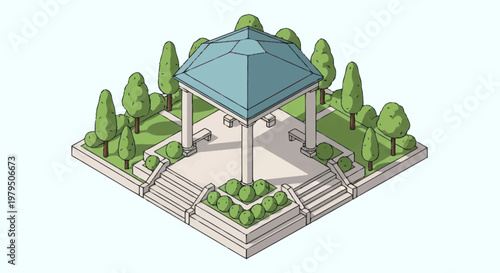 Isometric view of a beautiful park gazebo surrounded by trees and landscaping.