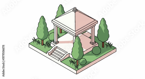 Isometric illustration of a white gazebo in a green garden setting.