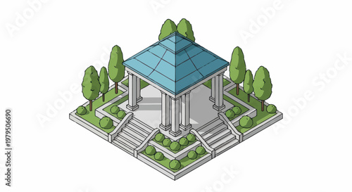 Isometric ancient Greek temple building with columns and trees.