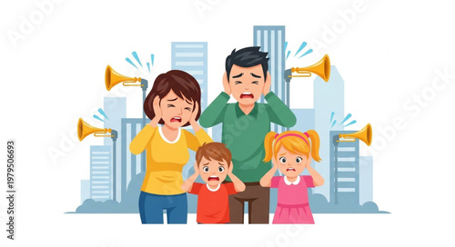 Family Covering Ears From Loud City Noise Pollution.