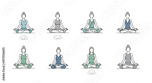 Minimalist yoga meditation icons set, 8 vector illustrations of women in lotus pose. Zen mindfulness characters for wellness apps, mental health and spa branding.